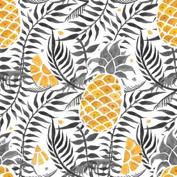 Pineapple background. Hand Drawn illustration. Watercolor Seamless pattern