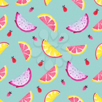 Seamless Tropical pattern of exotic fruit. Hand drawn food design