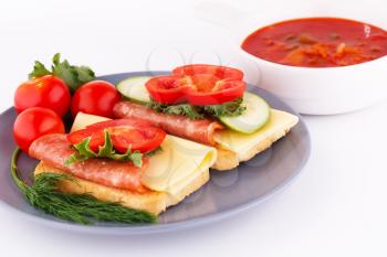 Sandwiches and red sauce isolated on gray  background.