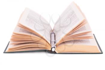 Opened book and pen isolated on white background.