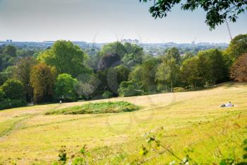 View of Kingston, Surrey from Richmond Park, UK. Landscape with trees and field in sunny summer day.