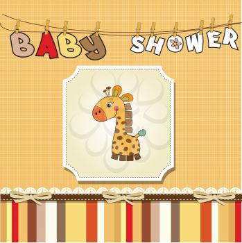 Royalty Free Clipart Image of a Giraffe on a Baby Shower Background