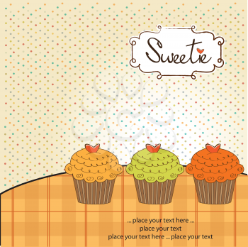 Royalty Free Clipart Image of a Background With Three Cupcakes and the Word Sweetie