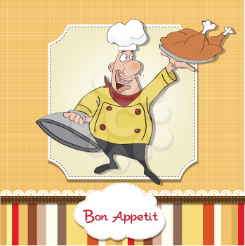 Royalty Free Clipart Image of a Cartoon Chef Holding Roast Turkey