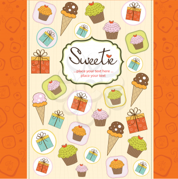 Royalty Free Clipart Image of a Card With Desserts and Gifts on It