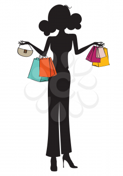 silhouette of young girls at shopping, vector illustration isolated on white background
