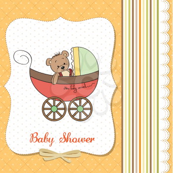 funny teddy bear in stroller, baby announcement card