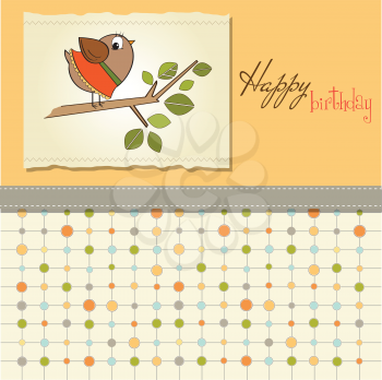 birthday greeting card with funny little bird, vector illustration