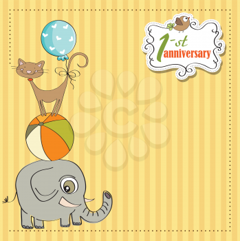 first anniversary card with pyramid of animals, vector illustration