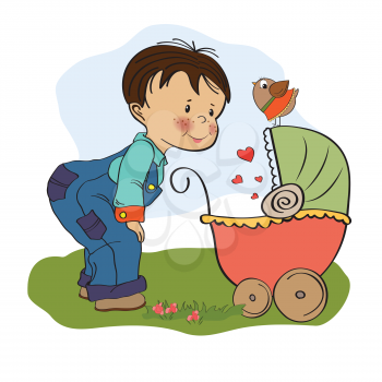 funny big brother with stroller, illustration in vector format