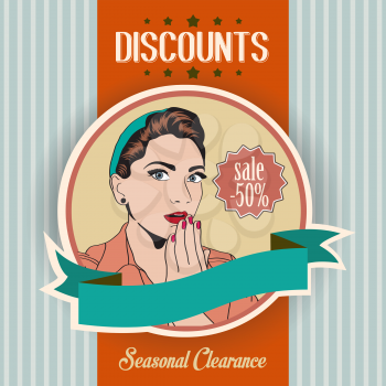 retro illustration of a beautiful woman and discounts message, vector illustration