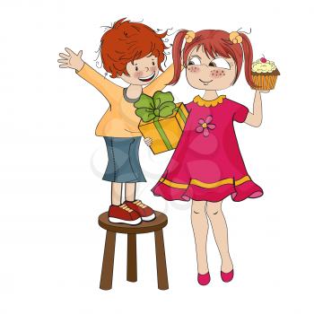little boy with a funny little girl celebrates his birthday, vector illustration