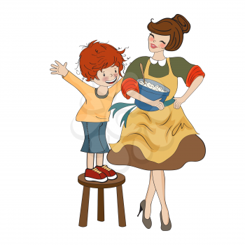 funny boy and his mother isolated on white backdround, vector illustration