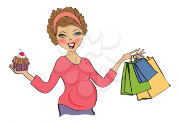 happy pregnant woman at shopping, isolated on white background, vector illustration