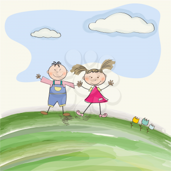two  happy kids on a meadow, vector illustration