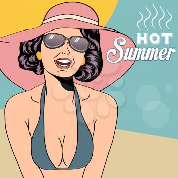 Hot pop art girl on a beach, vector illustration