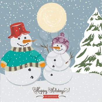 Vintage christmas poster with snowmen, vector illustration