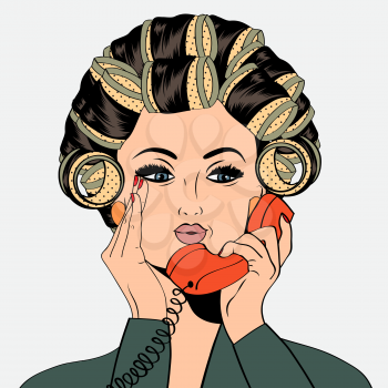 Woman with curlers in their hair talking at phone, isolated on white, vector format