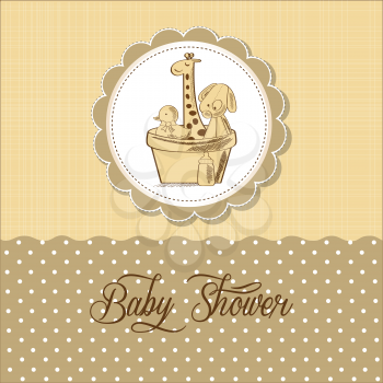 baby shower card with retro toys, vector illustration