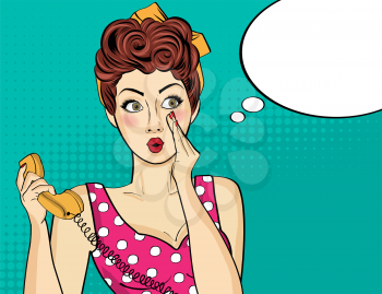 Surprised  pop art woman with retro phone, who tells her secrets. Pin-up girl. Vector illustration.
