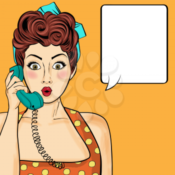 Pop art  woman chatting on retro phone  . Comic woman with speech bubble. Vector illustration.