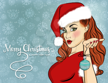 Pop art Santa girl. Pin up Santa girl. Santa Girl with speech bubble. Christmas card. Vector illustration