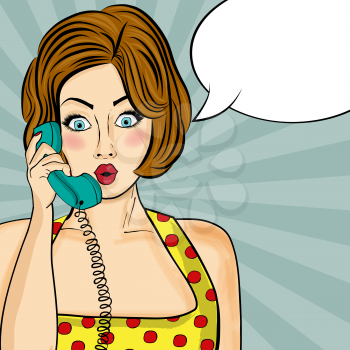 Surprised pop art  woman chatting on retro phone . Comic woman with speech bubble. Pin up girl. Vector illustration.