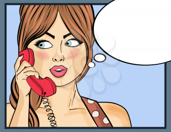 Pop art woman chatting on retro phone . Comic woman with speech bubble. Pin up girl. Vector illustration.