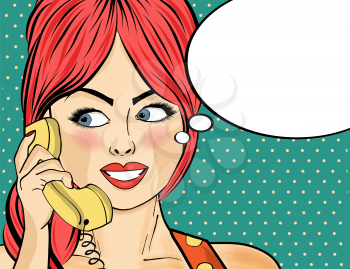 Pop art woman chatting on retro phone . Comic woman with speech bubble. Pin up girl. Vector illustration.