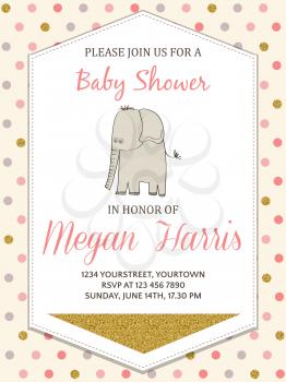 Beautiful baby shower card template with golden glittering details, vector format
