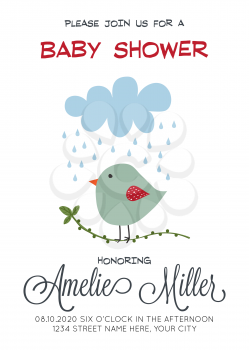 delicate customizable baby shower card template with bird, vector format