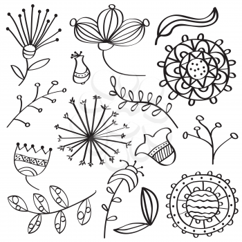 Doodle outline flowers and leafs collection for coloring, vector format