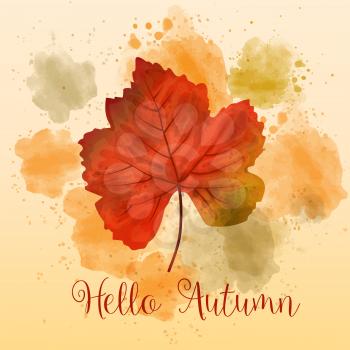 Hello Autumn, autumn watercolor background with beautiful leaf. Vector