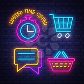 E-commerce neon signs collection. E-commerce signs. Neon signs. Vector