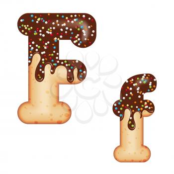 Tempting typography. Font design. Icing letter. Sweet 3D donut  letter F glazed with chocolate cream and candy. Vector