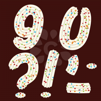 Tempting tipography. Font design. Icing letter. Sweet 3D numbers nine, zero and punctuation marks  of the whipped cream and candy. Vector