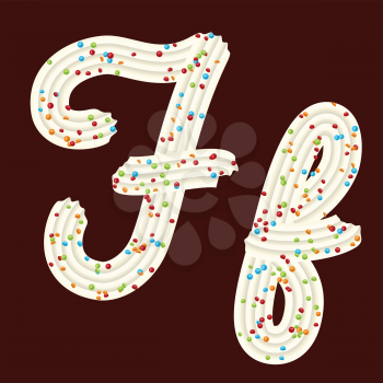 Tempting tipography. Font design. Icing letter. Sweet 3D letter F of the whipped cream and candy. Vector