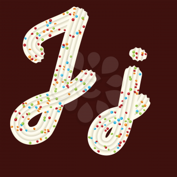 Tempting tipography. Font design. Icing letter. Sweet 3D letter J of the whipped cream and candy. Vector