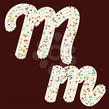 Tempting tipography. Font design. Icing letter. Sweet 3D letter M of the whipped cream and candy. Vector