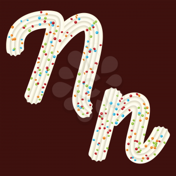 Tempting tipography. Font design. Icing letter. Sweet 3D letter N of the whipped cream and candy. Vector