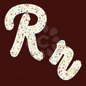 Tempting tipography. Font design. Icing letter. Sweet 3D letter R of the whipped cream and candy. Vector
