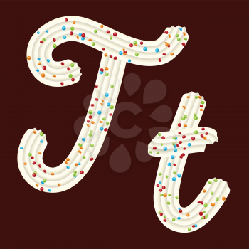 Tempting tipography. Font design. Icing letter. Sweet 3D letter T of the whipped cream and candy. Vector