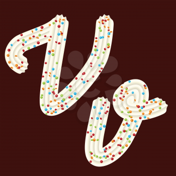 Tempting tipography. Font design. Icing letter. Sweet 3D letter V of the whipped cream and candy. Vector