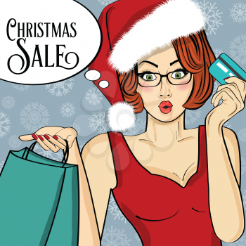 Promotional Christmas sale poster with pop art Santa girl