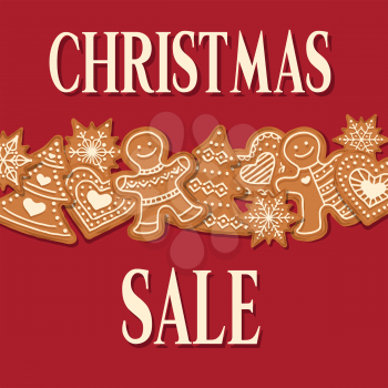 Christmas sale poster with gingerbread design. Vector