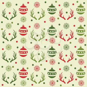 Christmas seamless pattern with  balls, reindeer horns and snow. Christmas background. Christmas wrapping. Flat design