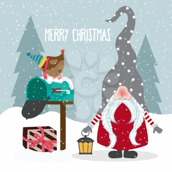 Beautiful flat design Christmas card with joyful gnome. Christmas poster. Vector