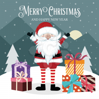  Christmas card with Santa and gift box. Flat design. Vector