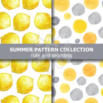 Summer pattern collection with watercolor lemons and dots. Summer banner. Vector