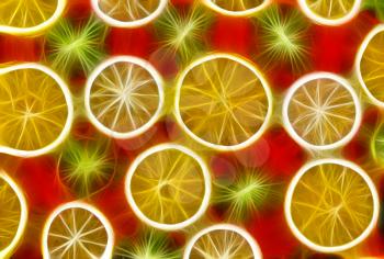 Background texture-fruit mix: lemon, orange, kiwi on red background.